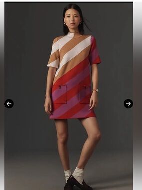 Maeve by Anthropologie Diagonal Stripe Mini Sweater Dress in Red, Pink & Tan